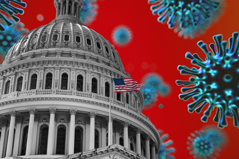United States Flag Capitol State Building during Covid19 2020 novel coronavirus Pandemic, 3d virus medical model, Washington DC, USA