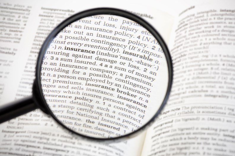 Magnifying glass focussed on the word 'insurance' on the page of a generic dictionary.