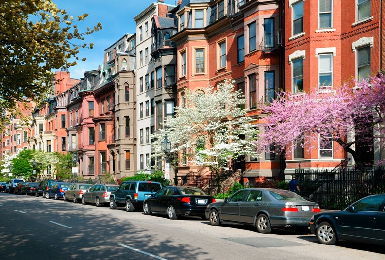 Elegant brownstones in a residential street of Back Bay, Boston