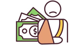 Workers’ Compensation Coverage & Insurance Costs Minimalist line drawing showing frowning human figure with arm in sling standing in front of generic money graphic