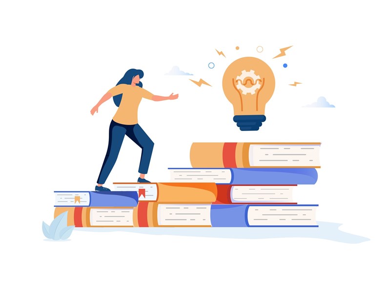 Businesswoman climbs on a stack of books to knowledge. Education and professional career concept. MBA. Modern vector illustration.