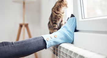 Heating Options for Multifamily Communities Woman's feet with woolen socks, domestic cat, enjoying inside home on the radiator.