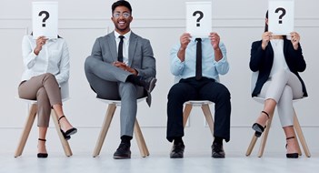 Hiring Building Staff & Professionals Man at hiring company smile for interview, with manager or boss to join team of workers. Young professional male in group of people, for job recruitment at business or office for growth in career.