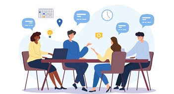 Effective Committees Business communication concept. Group of employees discussing idea at table. Brainstorming and company development, directors council or analytical department. Cartoon flat vector illustration