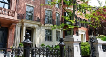 Exterior Repair & Maintenance in Historic Buildings Boston, Street walk downtown, Beacon Hill Massachusetts, flowers summer spring colourful sunny beautiful day, door, staircase, green, doors and windows, residential house