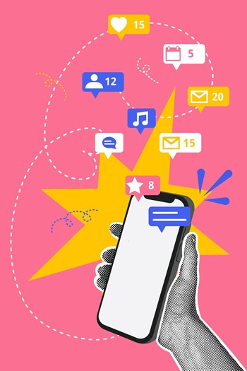Contemporary halftone collage. Concept of mobile apps and services, online communication, social media,rating.Business creative illustration for web banner, social media post, business presentation. Vector illustration