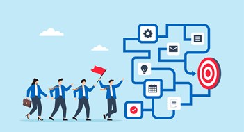 Self-Managed Communities vs. Local Laws & Regulations Flat illustration of business leader holding flag while guiding team through maze of task icons toward final target and business goal